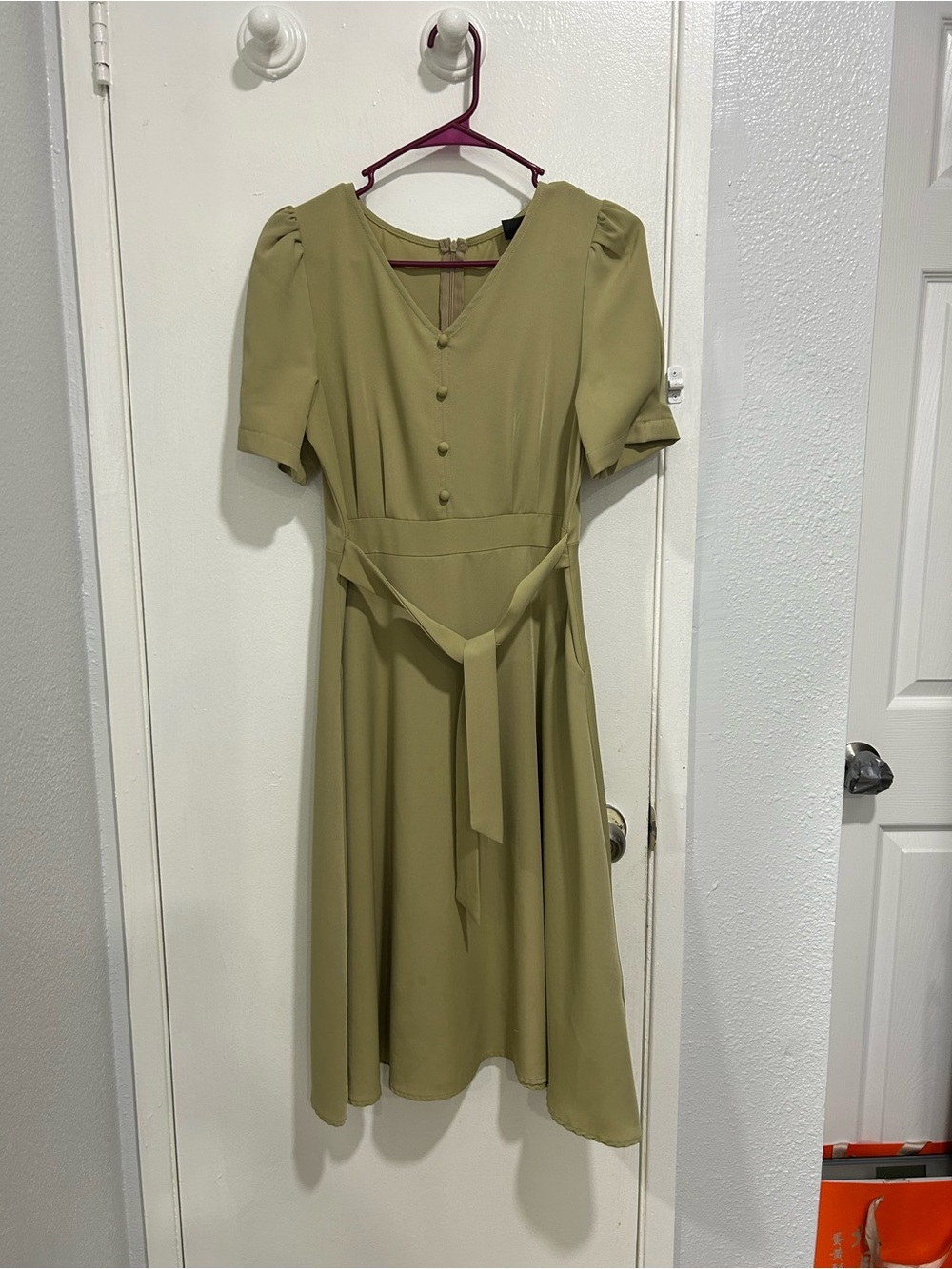 V-Neck Olive Midi Dress with Self-Tie Waist